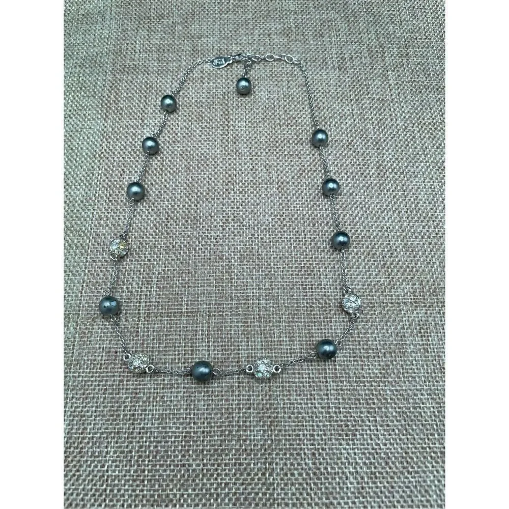 NOLAN MILLER Silver Tone Gray Faux Pearl Rhinestone Necklace 19